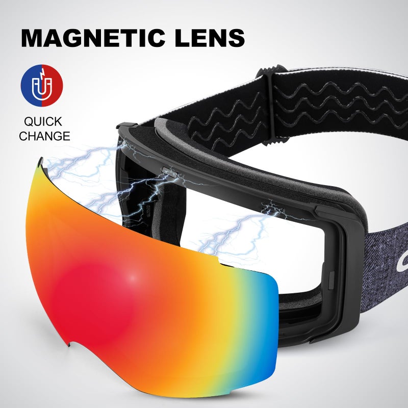 Odoland Magnetic Interchangeable Ski Goggles with 2 Lens, Large Spherical Frameless Snow Snowboard Goggles for Men Women, Black Frame Blaze Lens vlt15% - Image 2